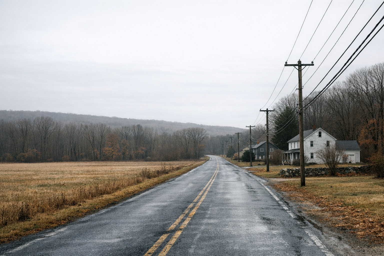 A quiet two-lane rural residential road with open fields, bare autumn trees and modest farmhouses under an overcast sky in eastern Connecticut.